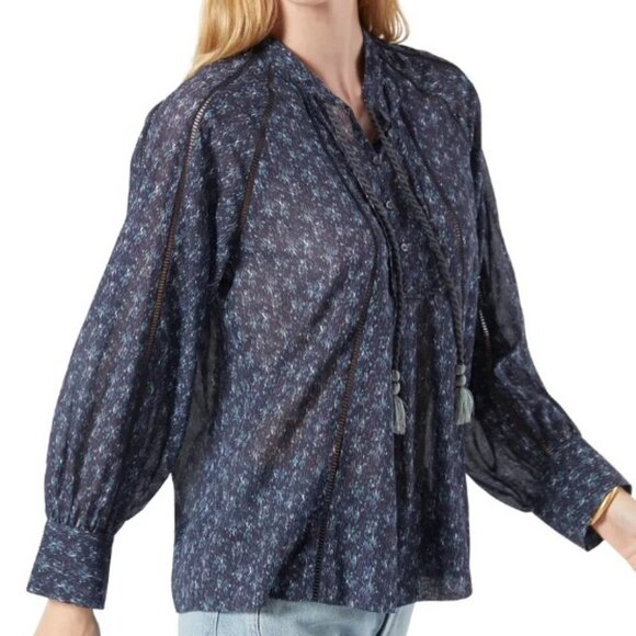 Joie Cotton Boho Blouse Womens Small Blue V-Neck Long Sleeve Dracha Top Summer - Picture 6 of 9